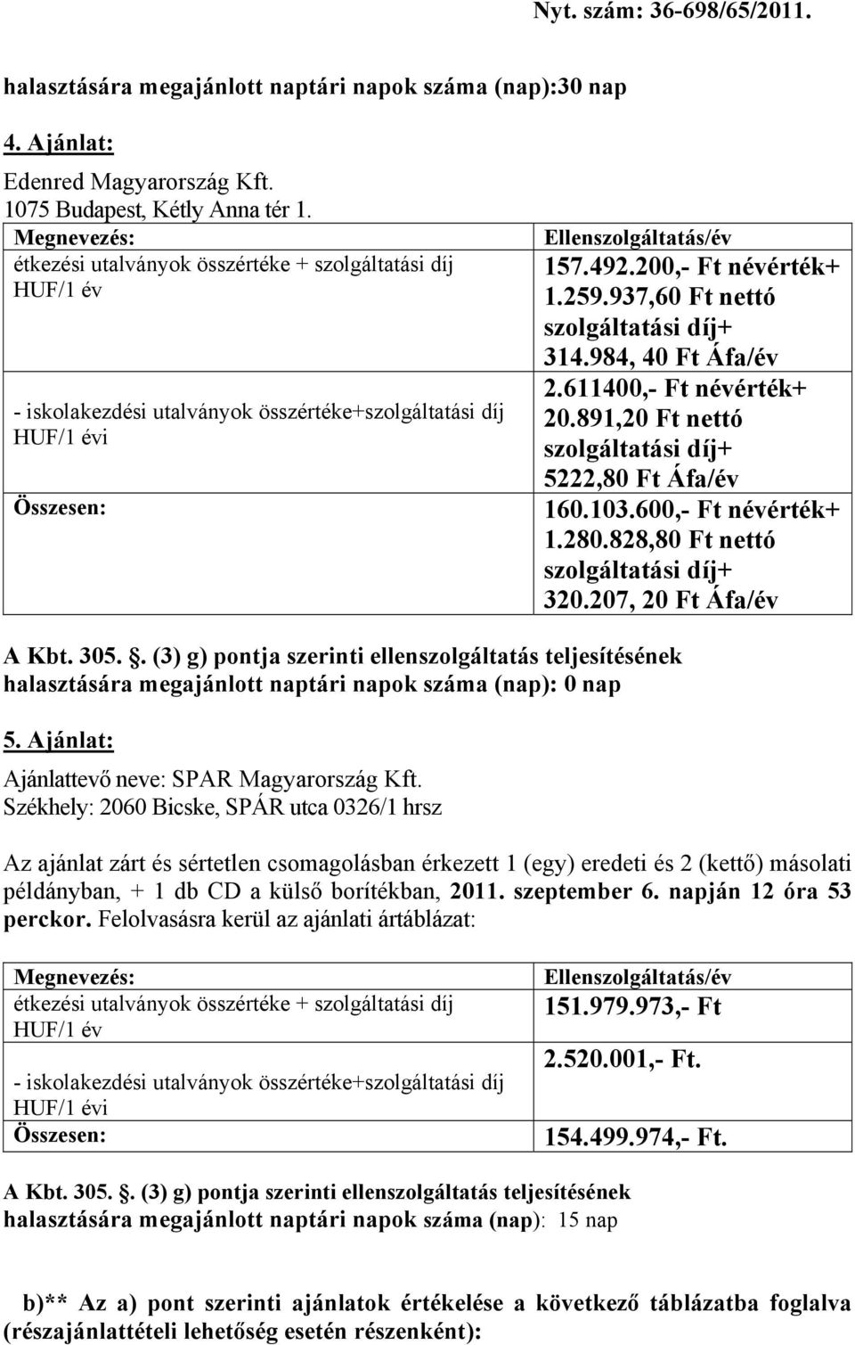 828,80 Ft nettó szolgáltatási díj+ 320.207, 20 Ft Áfa/év halasztására megajánlott naptári napok száma (nap): 0 nap 5. Ajánlat: Ajánlattevő neve: SPAR Magyarország Kft.