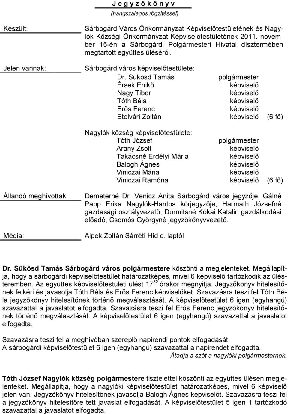 Sükösd Tamás Érsek Enikő Nagy Tibor Tóth Béla Erős Ferenc Etelvári Zoltán polgármester (6 fő) Nagylók község testülete: Tóth József Arany Zsolt Takácsné Erdélyi Mária Balogh Ágnes Viniczai Mária