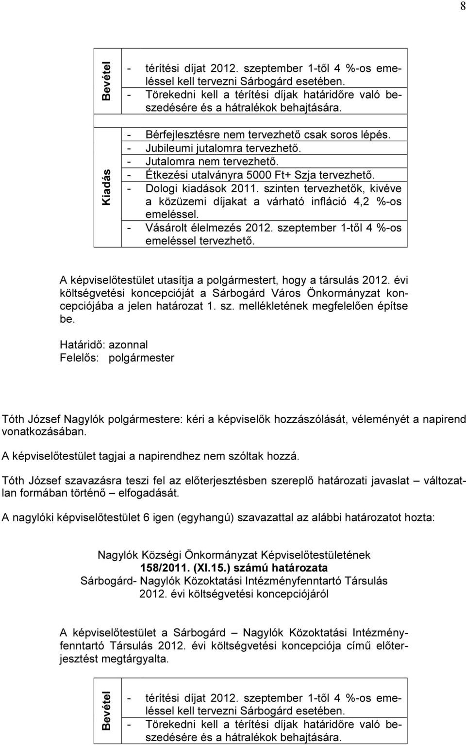 szinten tervezhetők, kivéve a közüzemi díjakat a várható infláció 4,2 %-os emeléssel. - Vásárolt élelmezés 2012. szeptember 1-től 4 %-os emeléssel tervezhető.