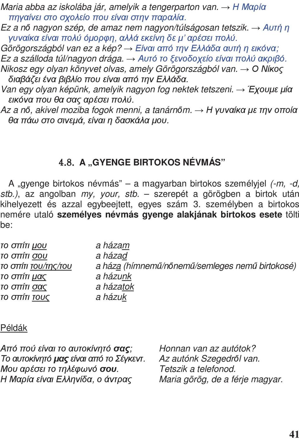 ), az angolban my, your, stb. szerepét a görögben a birtok után kihelyezett és azzal egybeejtett, egyes szám 3.