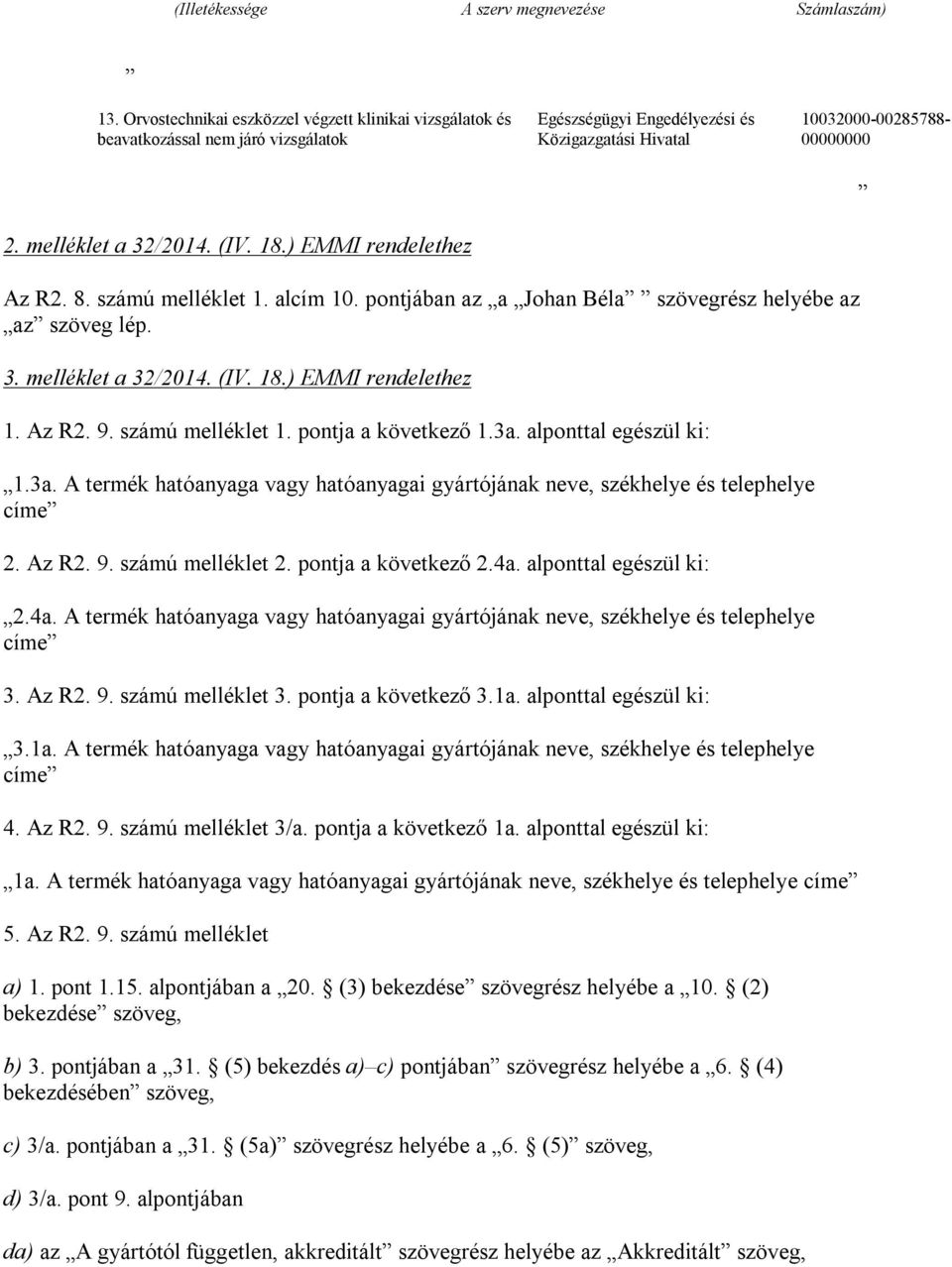 (IV. 18.) EMMI rendelethez Az R2. 8. számú melléklet 1. alcím 10. pontjában az a Johan Béla szövegrész helyébe az az szöveg lép. 3. melléklet a 32/2014. (IV. 18.) EMMI rendelethez 1. Az R2. 9.