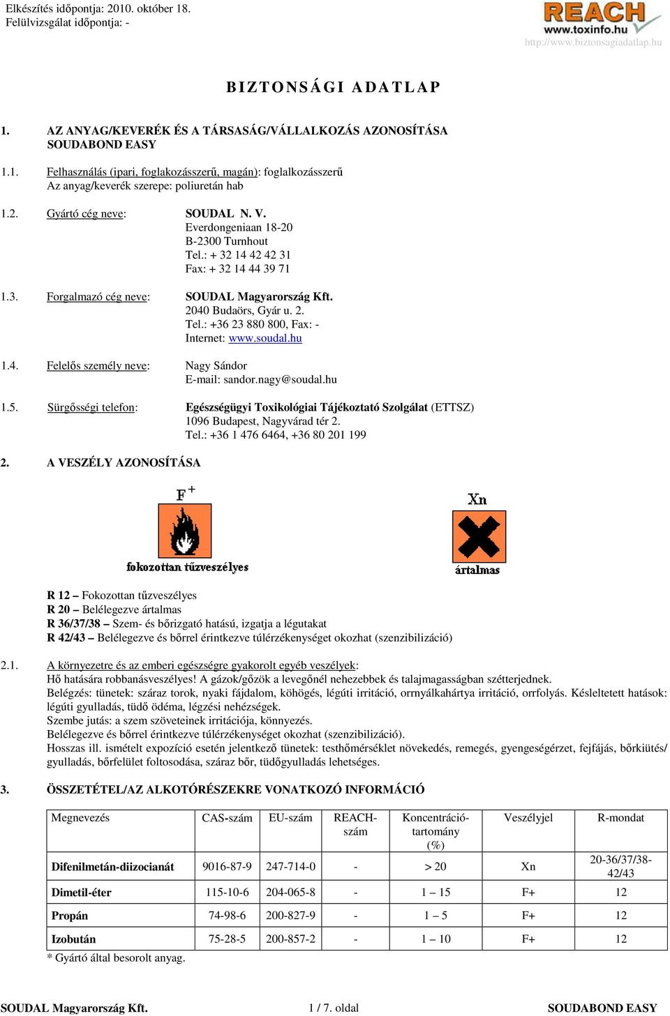 soudal.hu 1.4. Felelıs személy neve: Nagy Sándor E-mail: sandor.nagy@soudal.hu 1.5. Sürgısségi telefon: Egészségügyi Toxikológiai Tájékoztató Szolgálat (ETTSZ) 1096 Budapest, Nagyvárad tér 2. Tel.