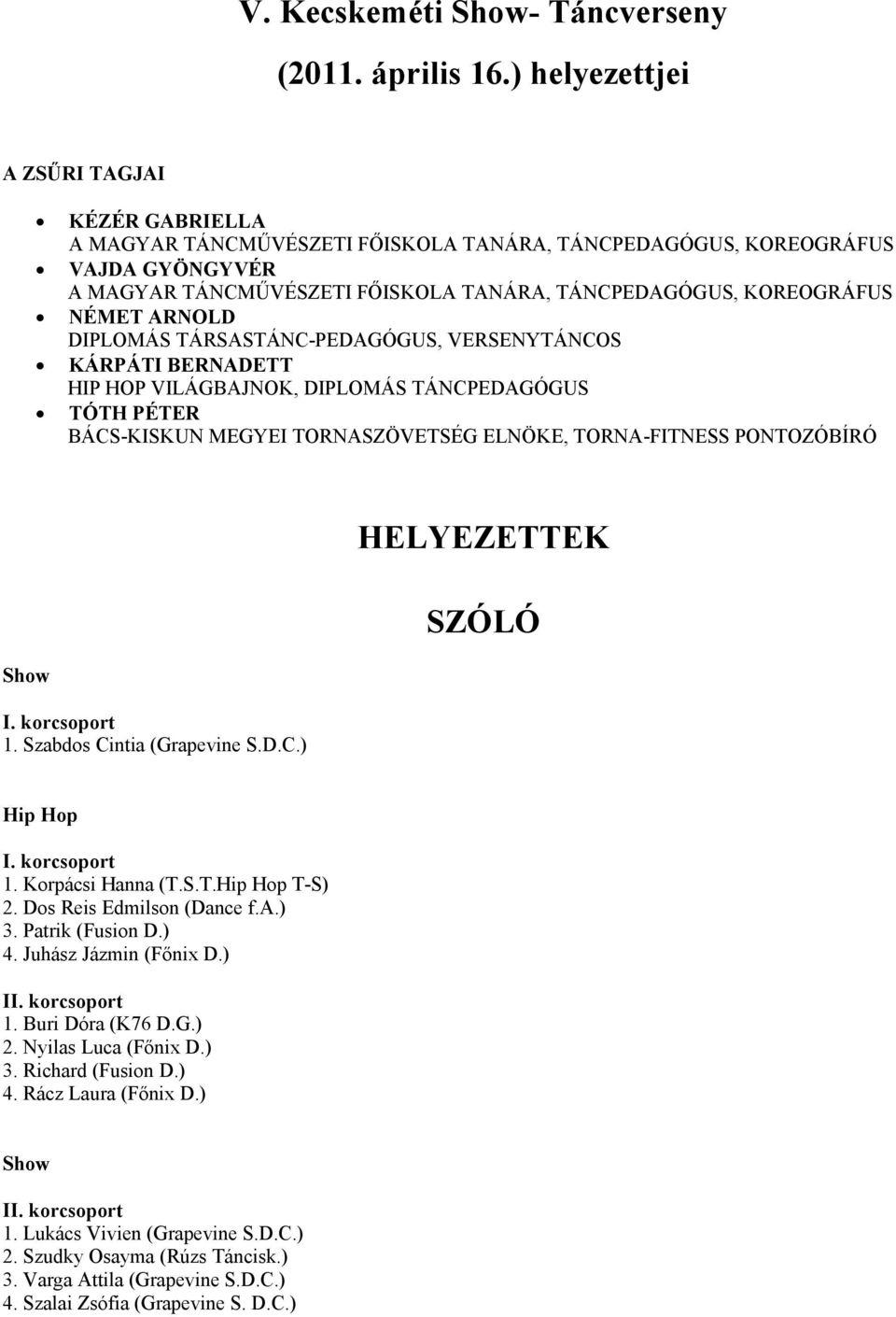 NÉMET ARNOLD DIPLOMÁS TÁRSASTÁNC-PEDAGÓGUS, VERSENYTÁNCOS KÁRPÁTI BERNADETT HIP HOP VILÁGBAJNOK, DIPLOMÁS TÁNCPEDAGÓGUS TÓTH PÉTER BÁCS-KISKUN MEGYEI TORNASZÖVETSÉG ELNÖKE, TORNA-FITNESS PONTOZÓBÍRÓ