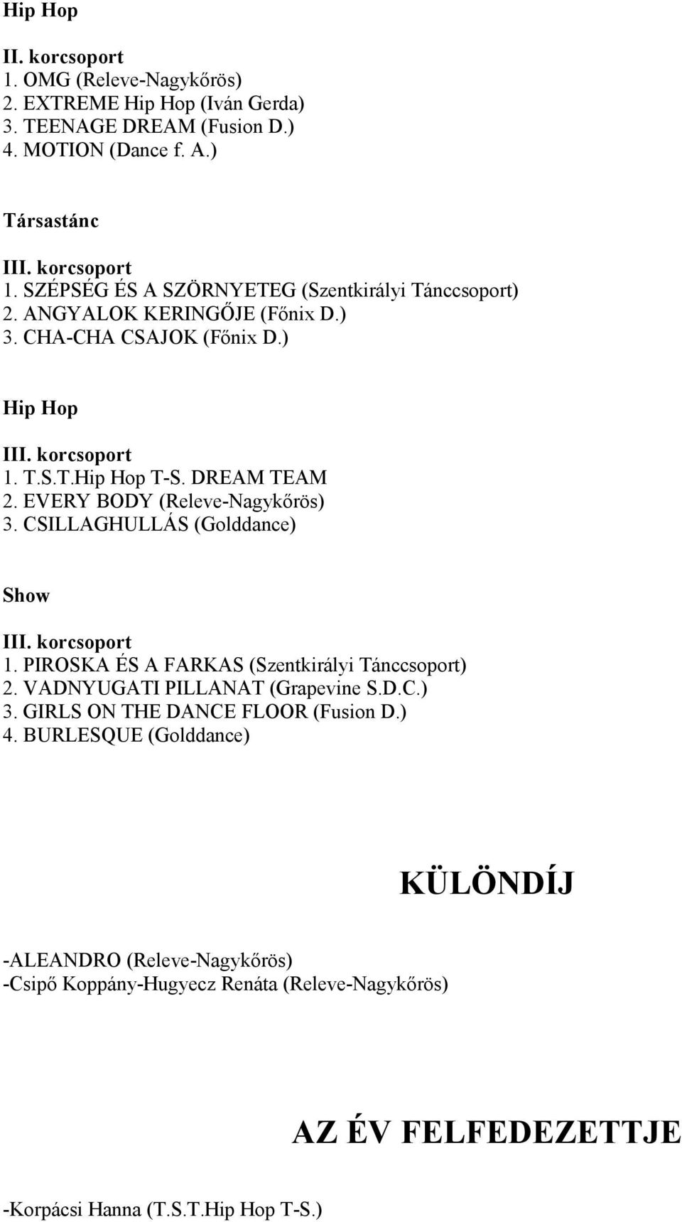 EVERY BODY (Releve-Nagykırös) 3. CSILLAGHULLÁS (Golddance) I 1. PIROSKA ÉS A FARKAS (Szentkirályi Tánccsoport) 2. VADNYUGATI PILLANAT (Grapevine S.D.C.) 3. GIRLS ON THE DANCE FLOOR (Fusion D.