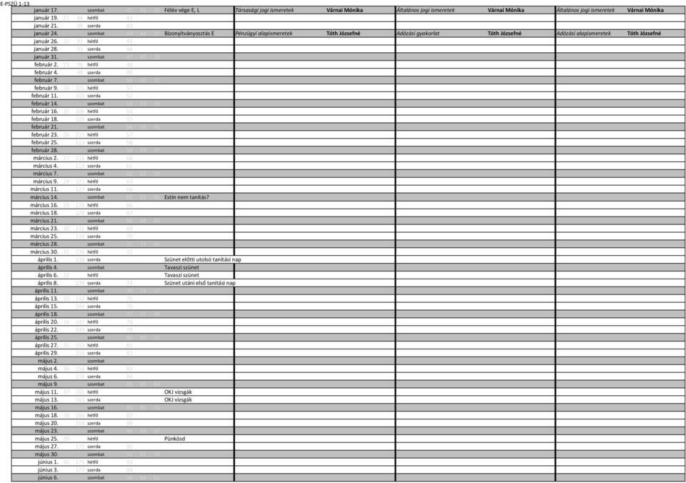 0 0 szombat 44 44 27 Bizonyítványosztás E Pénzügyi alapismeretek Tóth Józsefné Adózási gyakorlat Tóth Józsefné Adózási alapismeretek Tóth Józsefné január 26. 22 91 hétfő 45 0 0 0 január 28.