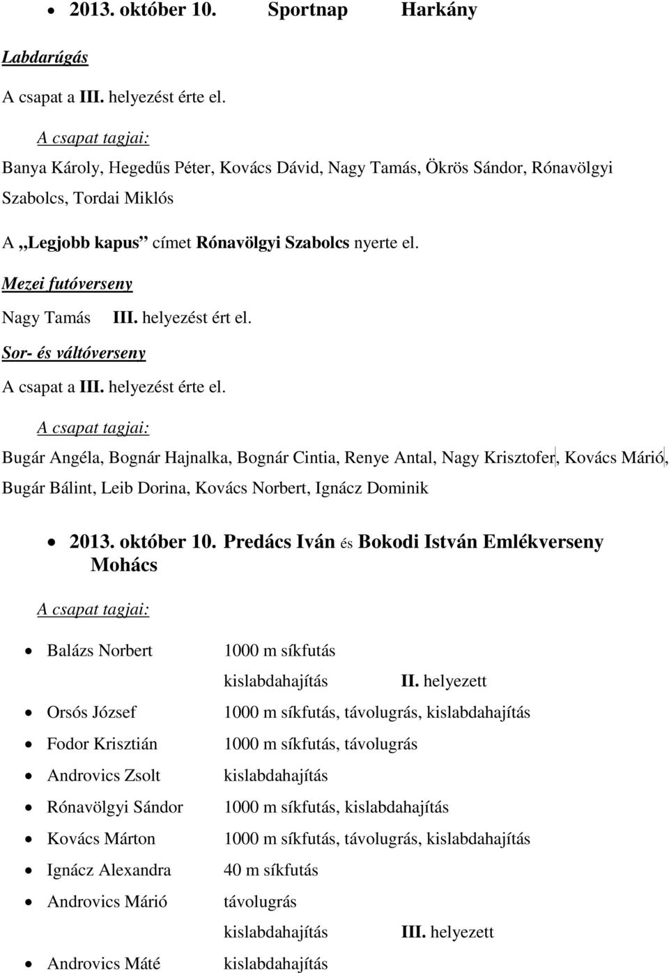 Sor- és váltóverseny A csapat a IIt érte el. Bugár Angéla, Bognár Hajnalka, Bognár Cintia, Renye Antal, Nagy Krisztofer,, Kovács Márió,, Bugár Bálint, Leib Dorina, Kovács Norbert, Ignácz Dominik 2013.