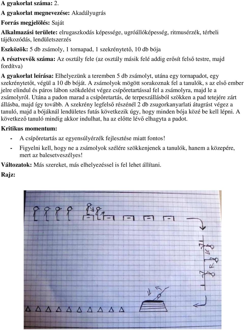 zsámoly, 1 tornapad, 1 szekrénytető, 10 db bója A résztvevők száma: Az osztály fele (az osztály másik felé addig erősít felső testre, majd fordítva) A gyakorlat leírása: Elhelyezünk a teremben 5 db