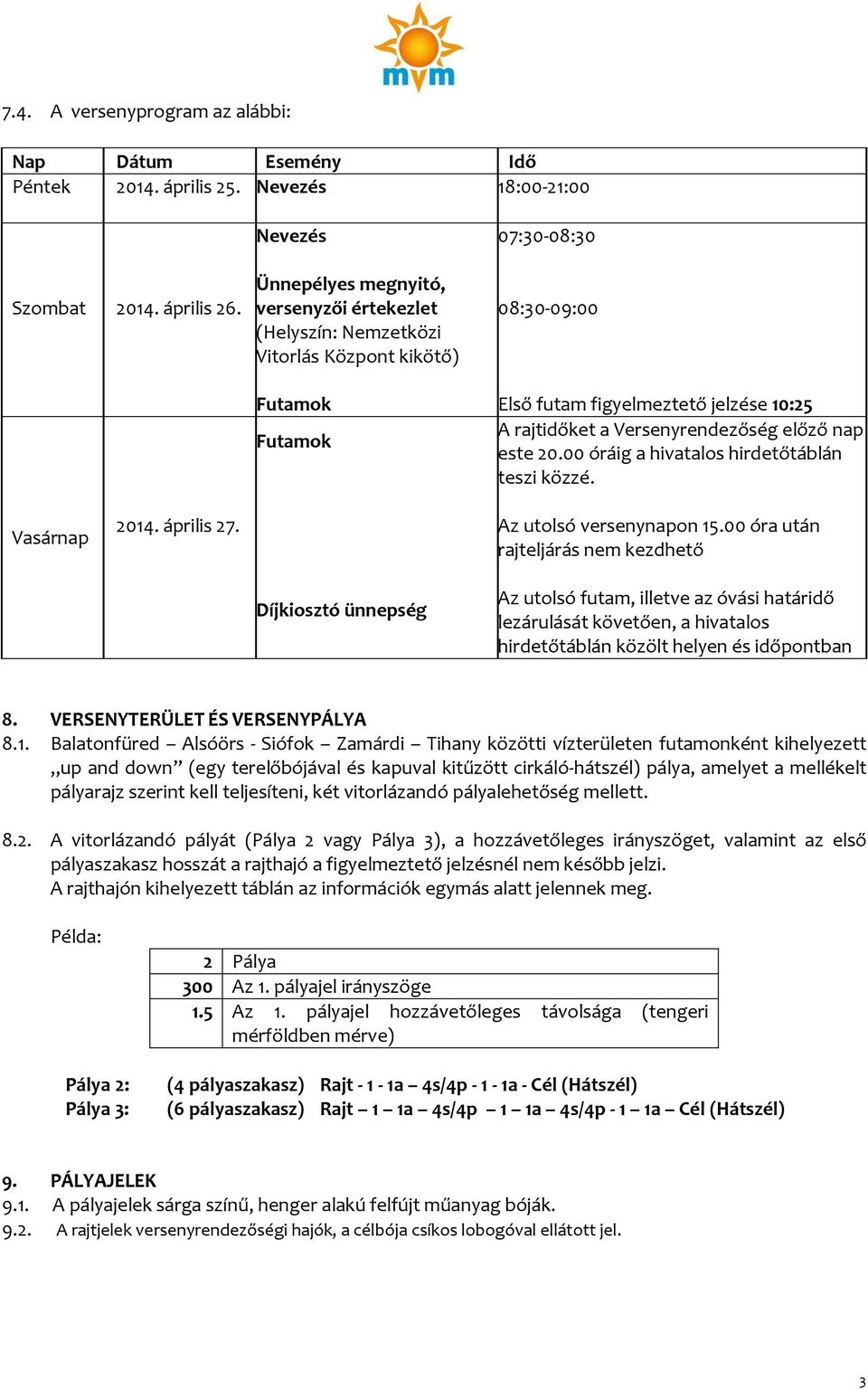 Versenyrendezőség előző nap este 20.00 óráig a hivatalos hirdetőtáblán teszi közzé. Vasárnap 2014. április 27. Az utolsó versenynapon 15.