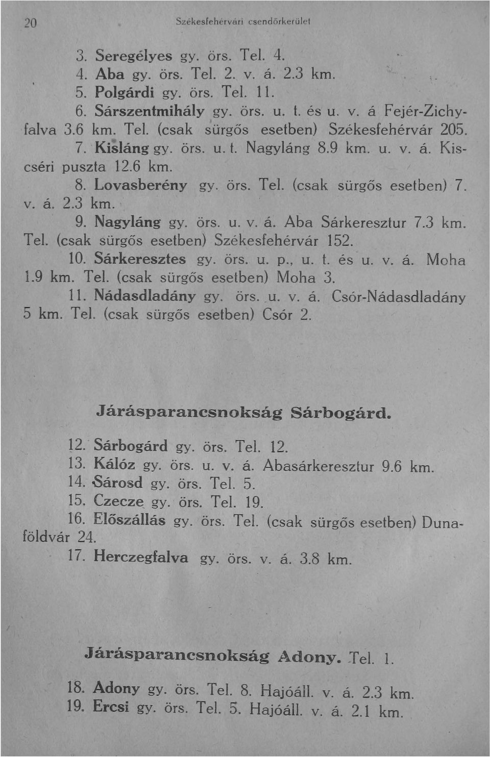 Nagyláng gy. örs. u. v. á. Aba Sárkeresztur 7.3 km. Tel. (csak sürgős esetben) Székesfehérvár 152. 10. Sárkeresztes gy. örs. u. p., u. t. és u. v. á. Moha 1.9 km. Tel. (csak sürgős esetben) Moha 3.