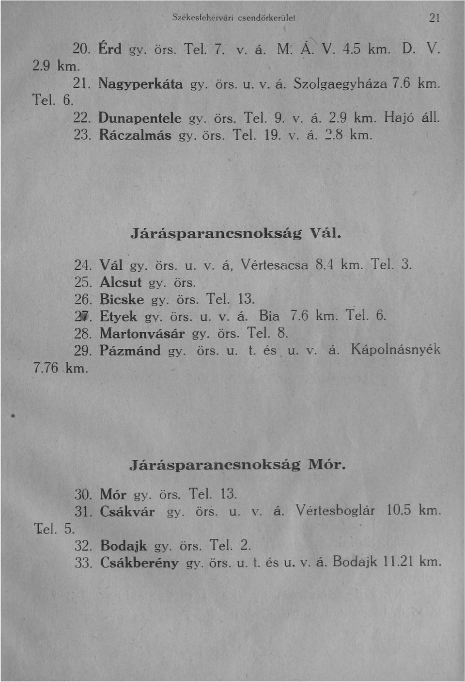 Bicske gy. örs. Tel. 13.. Etyek gy. örs. u. v. á. Bia 7.6 km. Tel. 6. 28. Martonvásár gy. örs. Tel. 8. 29. Pázmánd gy. örs. u. t. és u. v. á. Kápolnásnyék 7.76 km.