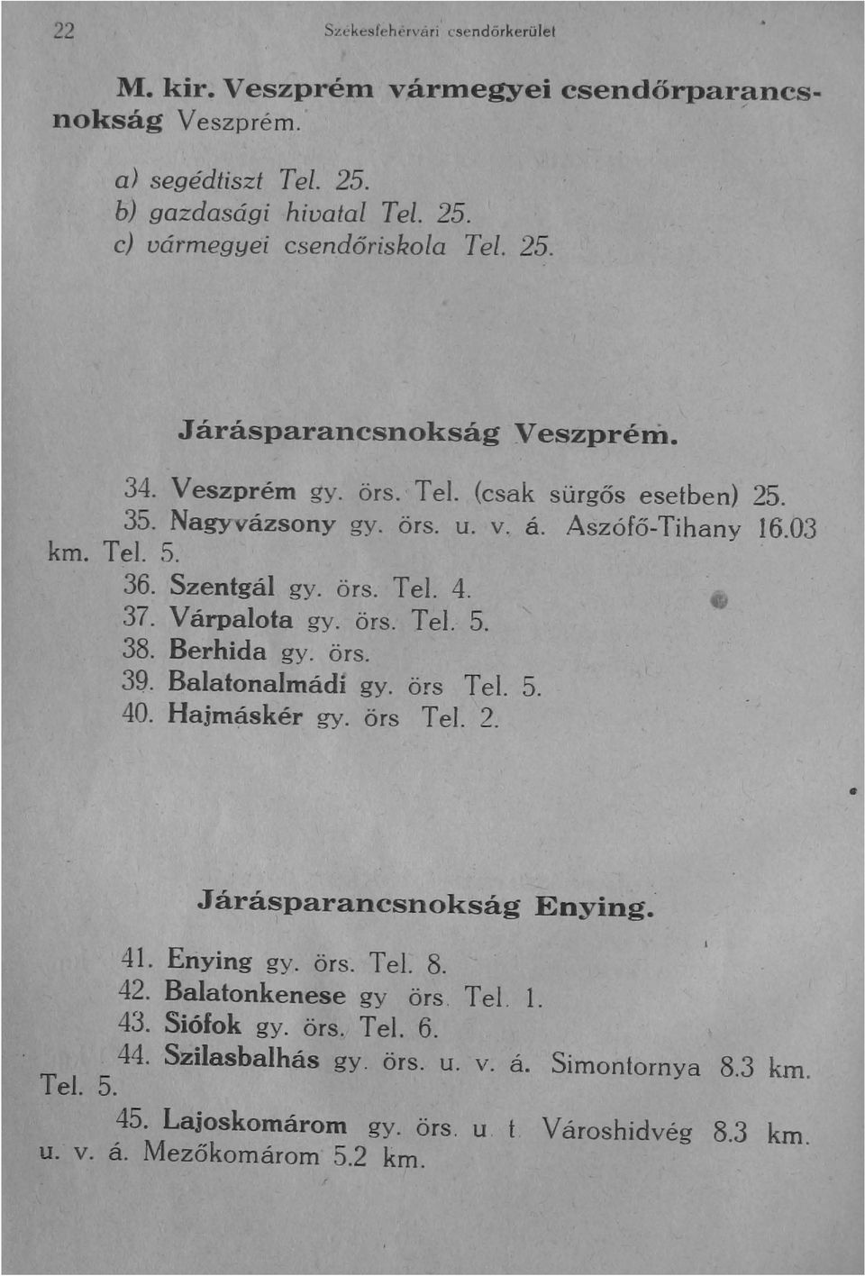 Berhida gy. örs. 39. Balatonalmádi gy. örs Tel. 5. 40. Hajmáskér gy. örs Tel. 2. J'árásparancsnokság Enying. 41. Enying gy. örs. Tel. 8. 42. Balatonkenese gy örs. Tel. 1. 43. Siófok gy.