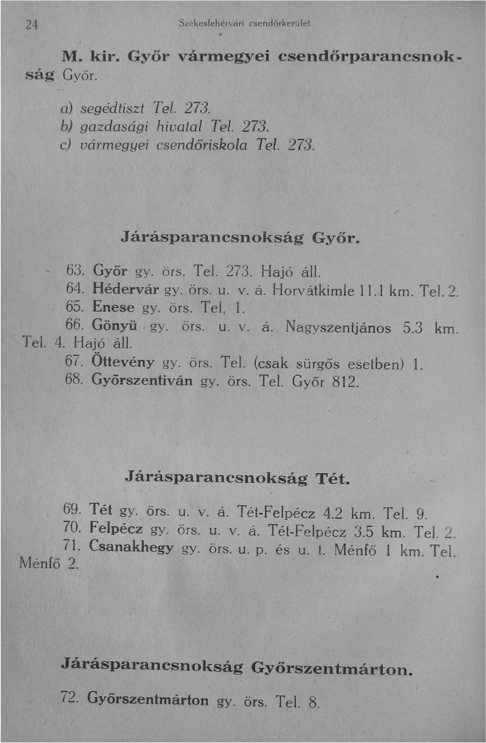 Hajó áll. 67. Öttevény gy. örs. Tel. (csak sürgős esetben) 1. 68. Győrszentiván gy. örs. Tel. Győr 812..Járásparancsnokság Tét. ~ 69. Tét gy. örs. u. v. á. T ét-f elpécz 4.2 km. Tel. 9. 70.