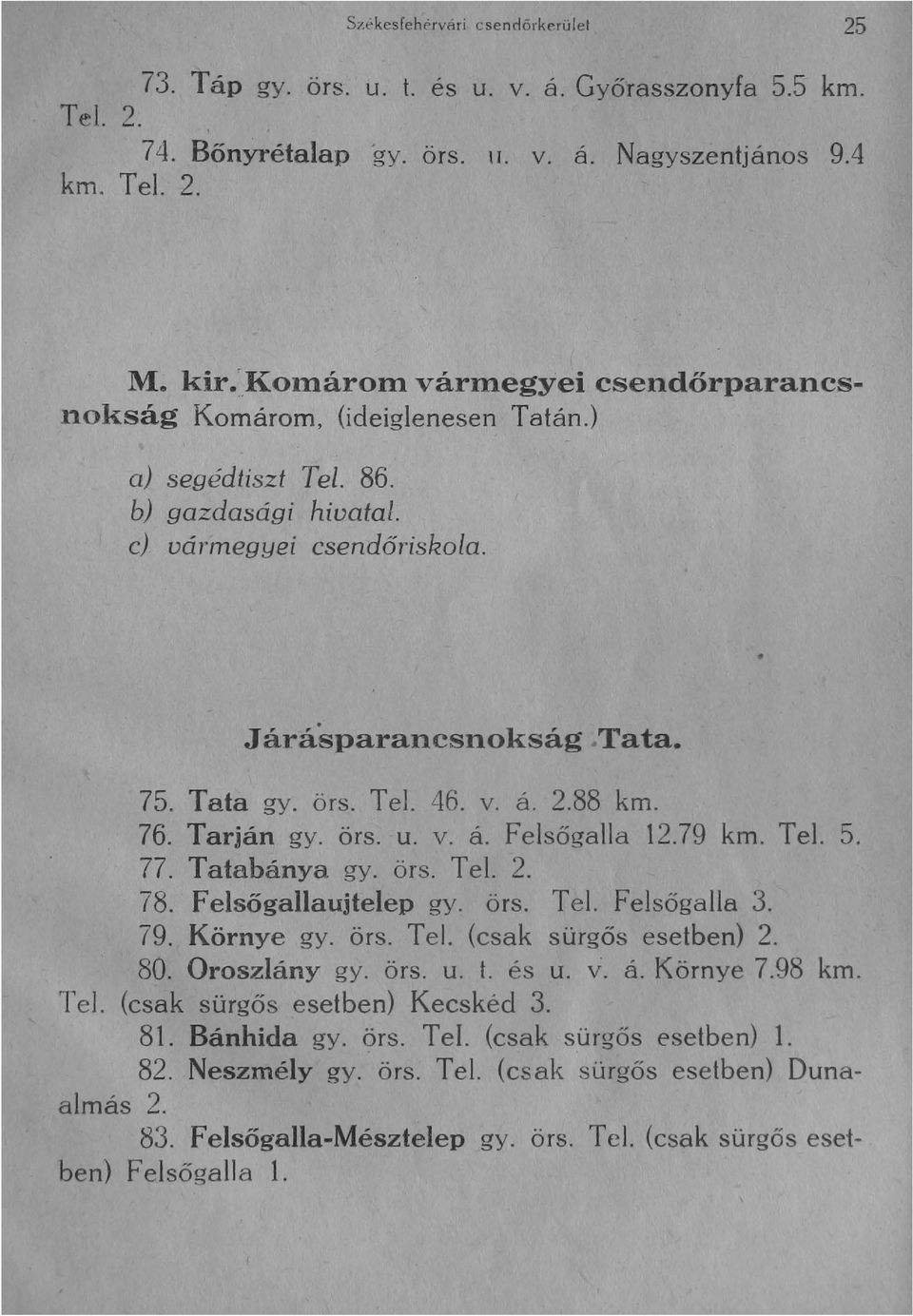 2.88 km. 76. Tarján gy. örs. u. v. á. Felsőgalla 12.79 km. Tel. 5. 77. Tatabánya gy. örs. Tel. 2. 78. F elsögallaujtelep gy. örs. Tel. F elsőga1l83. 79. Környe gy. örs. Tel. (csak sürgős esetben) 2.