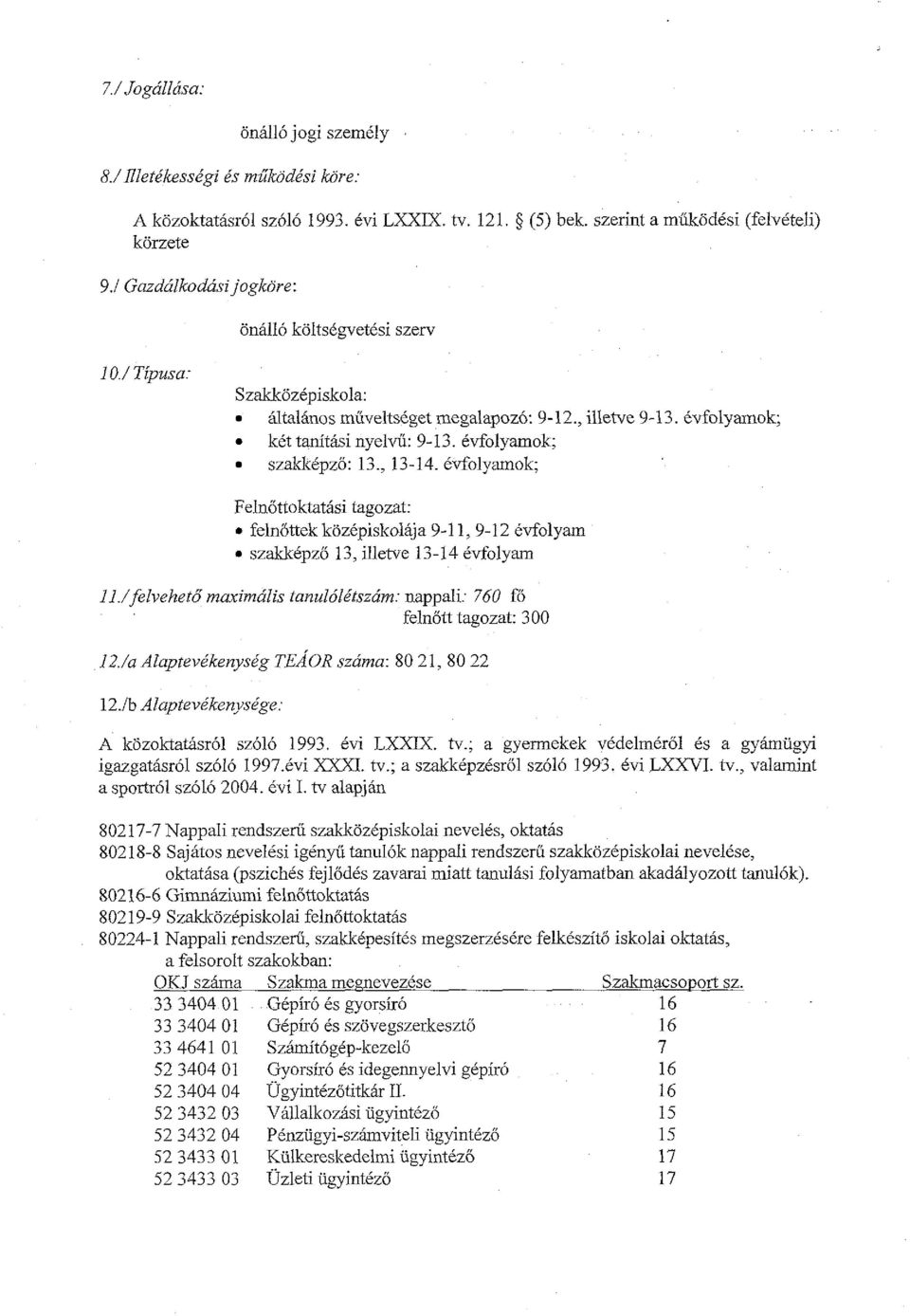 , 13-14.ivfolyamok; Felnottoktatbi tagozat: felnottek kozepiskolija 9-1 1,9-12 ivfolyam szakkipzo 13, illetve 13-14 ivfolyam Il.