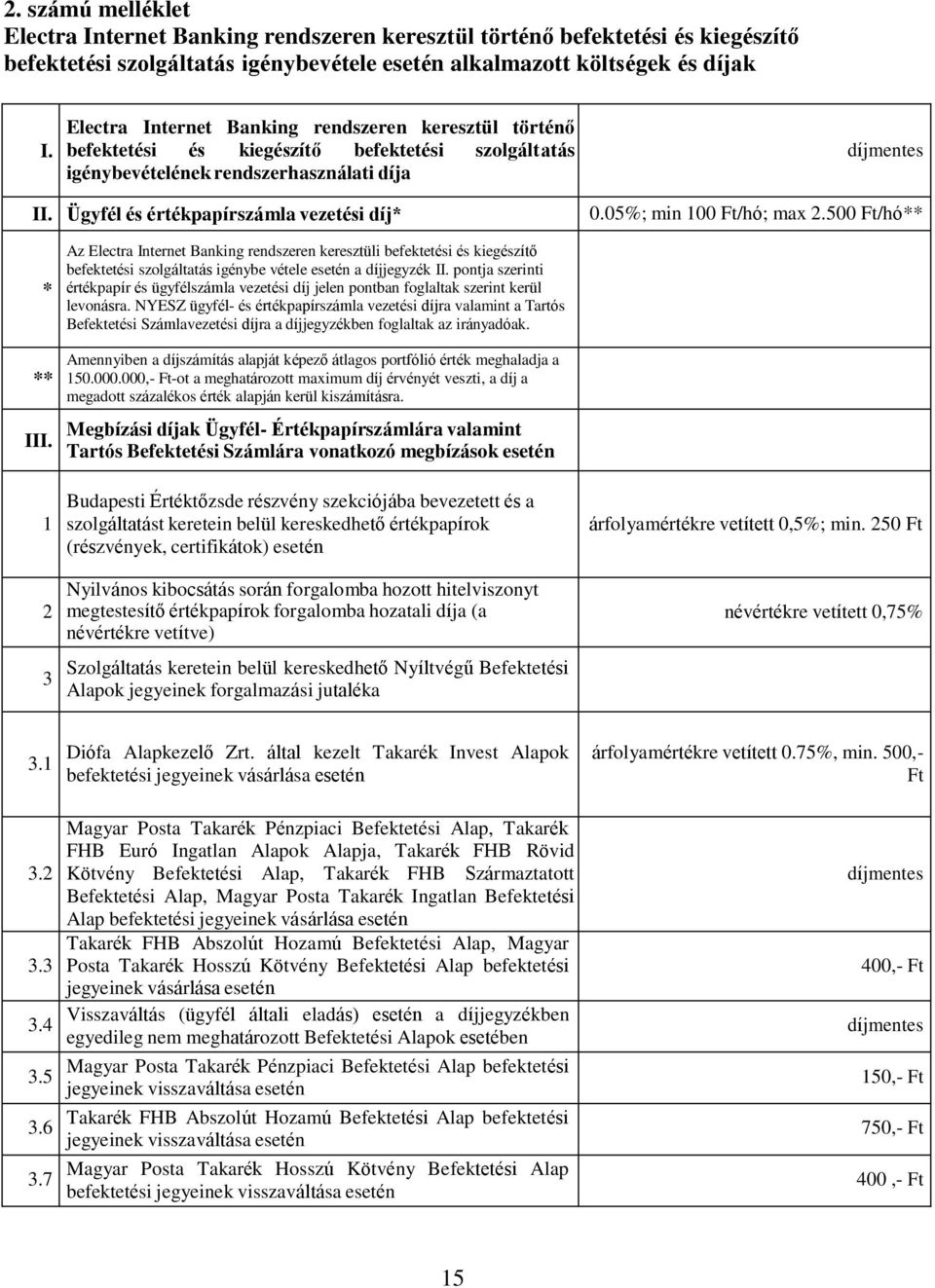 Ügyfél és értékpapírszámla vezetési díj* 0.05%; min 100 Ft/hó; max 2.500 Ft/hó** * ** III.