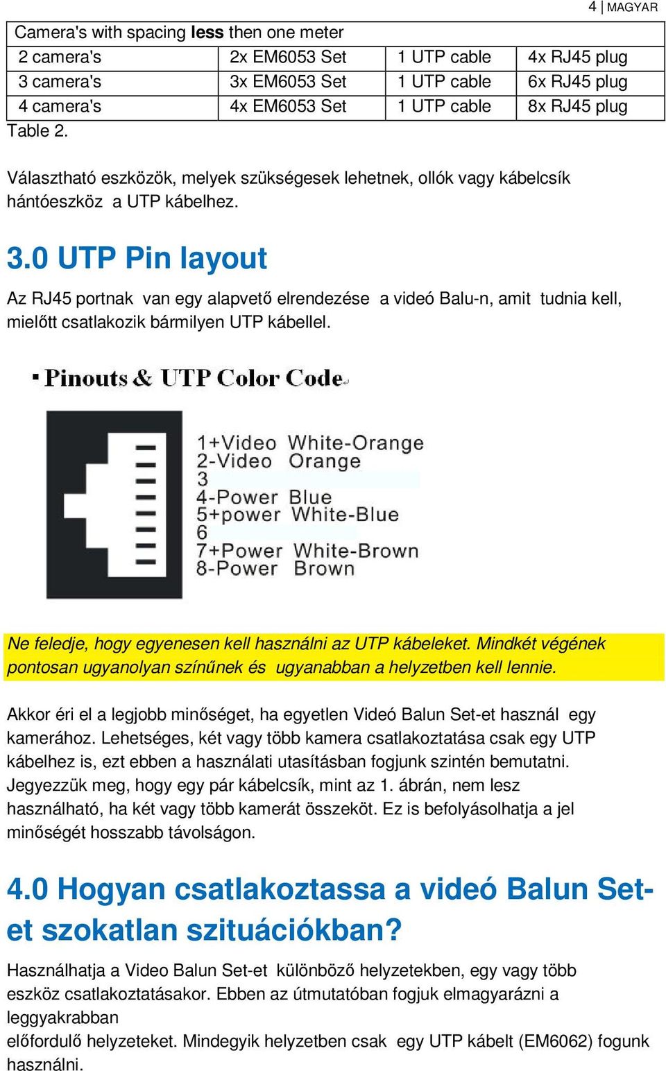0 UTP Pin layout Az RJ45 portnak van egy alapvető elrendezése a videó Balu-n, amit tudnia kell, mielőtt csatlakozik bármilyen UTP kábellel. Ne feledje, hogy egyenesen kell használni az UTP kábeleket.