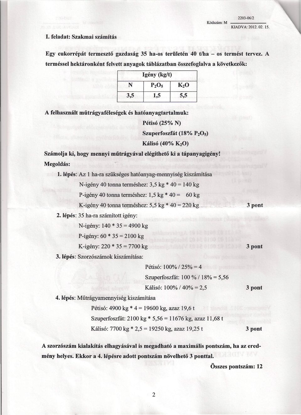 Szuperfoszfát (18% P20S) Kálisó (40% K20) Számolja ki, hogy mennyi műtrágyával elégíthető ki a tápanyagigény! Megoldás: 1.