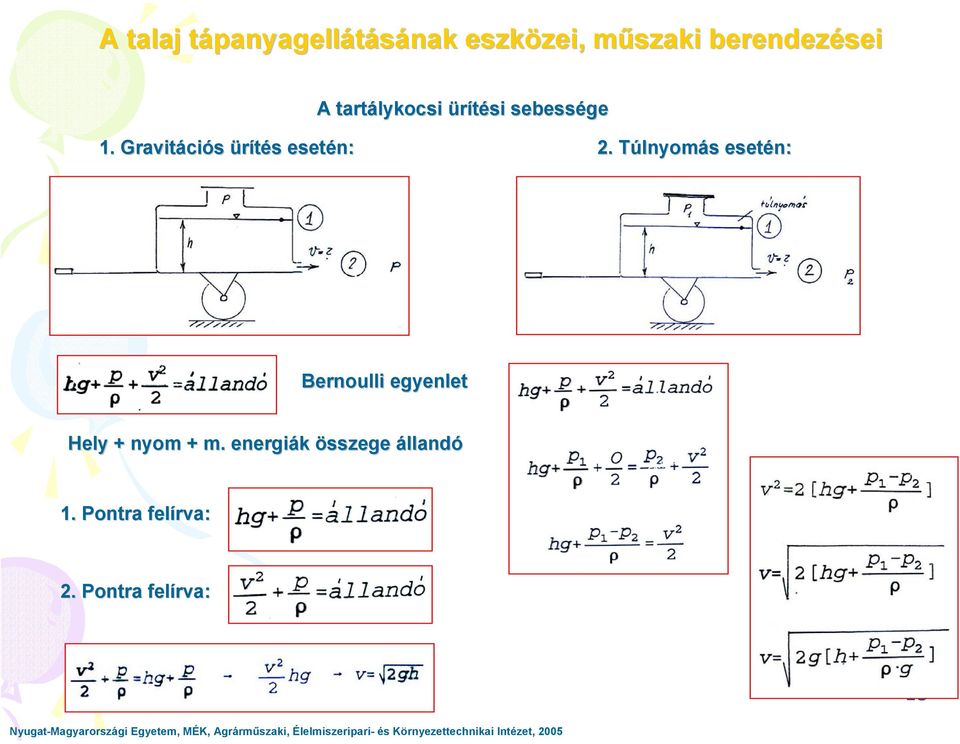 Túlnyomás esetén: Bernoulli egyenlet Hely +