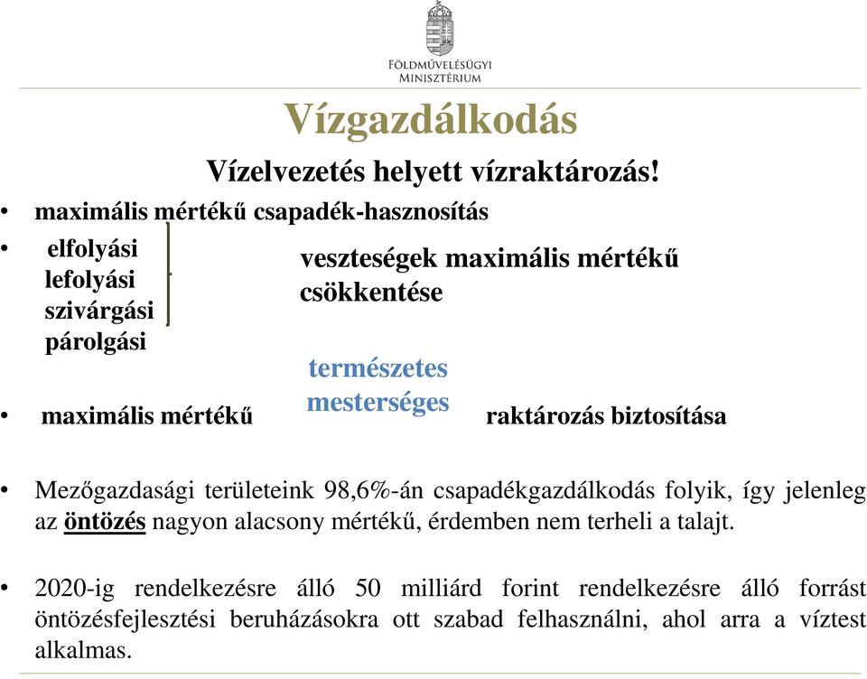 mesterséges maximális mértékű raktározás biztosítása Mezőgazdasági területeink 98,6%-án csapadékgazdálkodás folyik, így jelenleg az