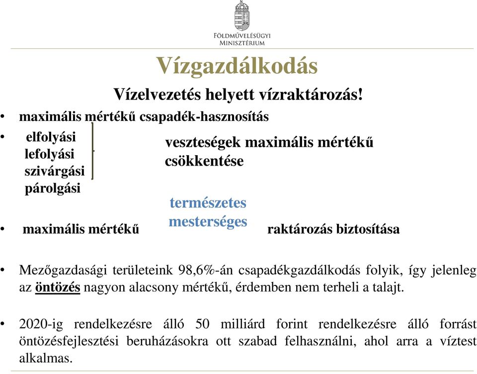 mesterséges maximális mértékű raktározás biztosítása Mezőgazdasági területeink 98,6%-án csapadékgazdálkodás folyik, így jelenleg az