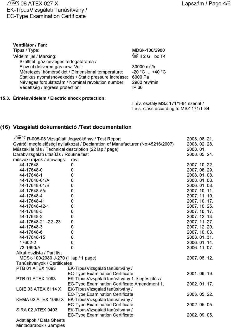 rev/min Védettség / Ingress protection: IP 66 15.3. Érintésvédelem / Electric shock protection: I. év. osztály MSZ 171/1-84 szerint / I e.s. class according to MSZ 171/1-84 (16) Vizsgálati dokumentáció /Test documentation BKI R-005-08 Vizsgálati Jegyzőkönyv / Test Report 2008.