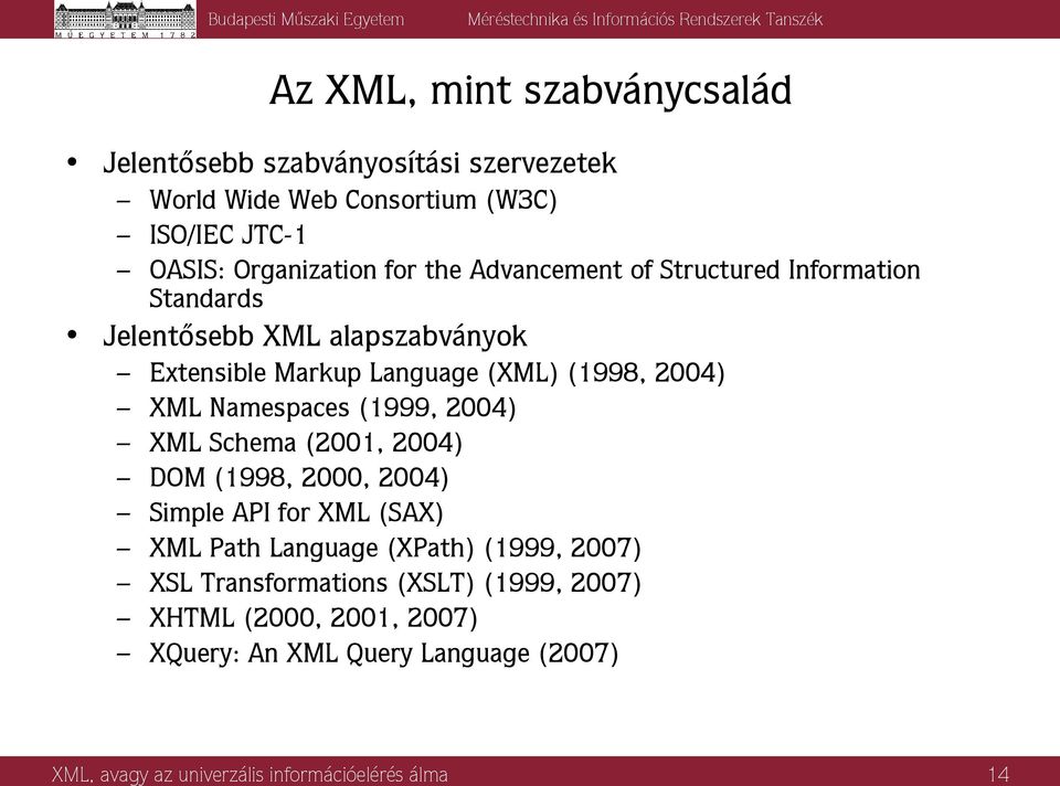 Namespaces (1999, 2004) XML Schema (2001, 2004) DOM (1998, 2000, 2004) Simple API for XML (SAX) XML Path Language (XPath) (1999, 2007) XSL