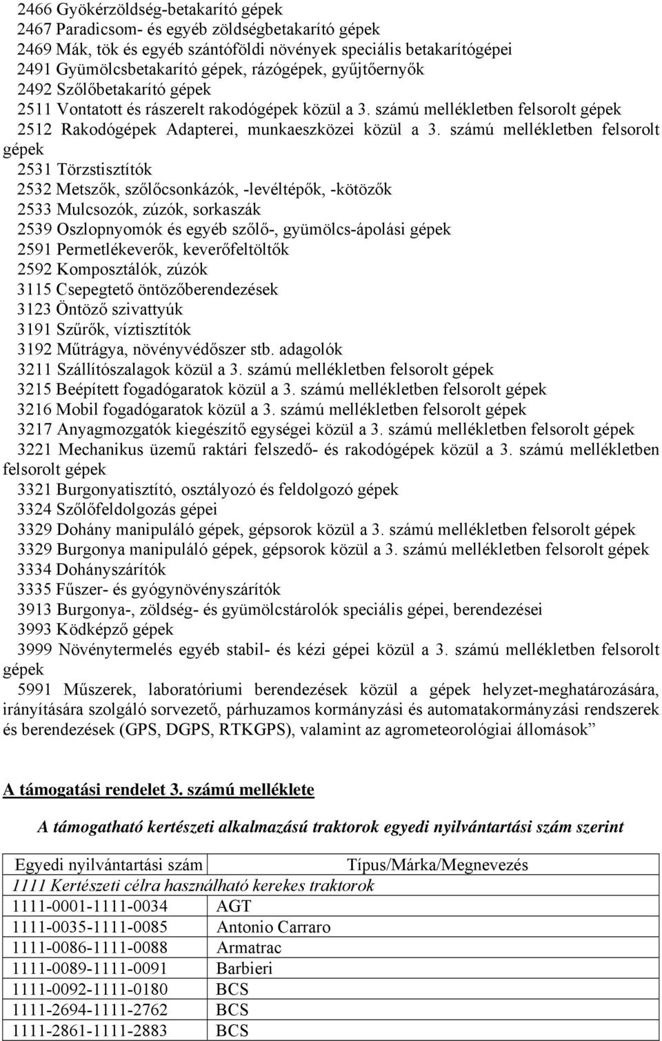 számú mellékletben felsorolt gépek 2531 Törzstisztítók 2532 Metszők, szőlőcsonkázók, -levéltépők, -kötözők 2533 Mulcsozók, zúzók, sorkaszák 2539 Oszlopnyomók és egyéb szőlő-, gyümölcs-ápolási gépek