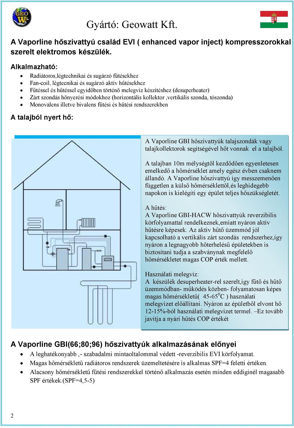 módokhoz (horizonális kollekor,verikális szonda, ószonda) Monovalens illeve bivalens fűési és hűési rendszerekben A alajból nyer hő: A Vaporline GBI hőszivayúk alajszondák vagy alajkollekorok