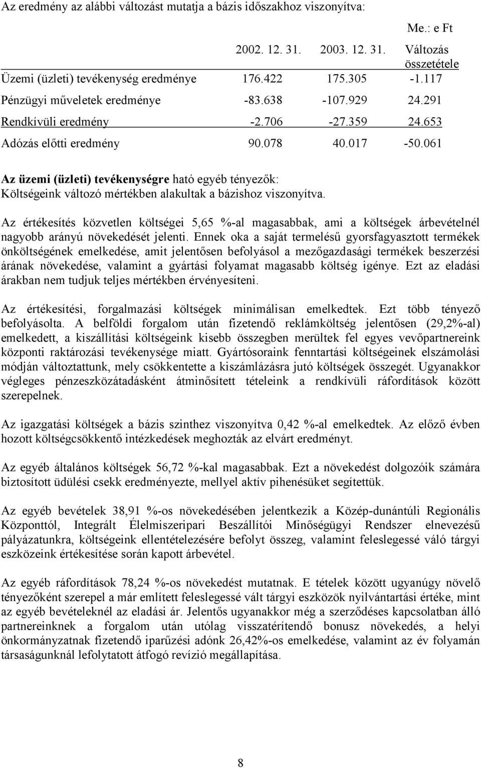 061 Az üzemi (üzleti) tevékenységre ható egyéb tényezők: Költségeink változó mértékben alakultak a bázishoz viszonyítva.