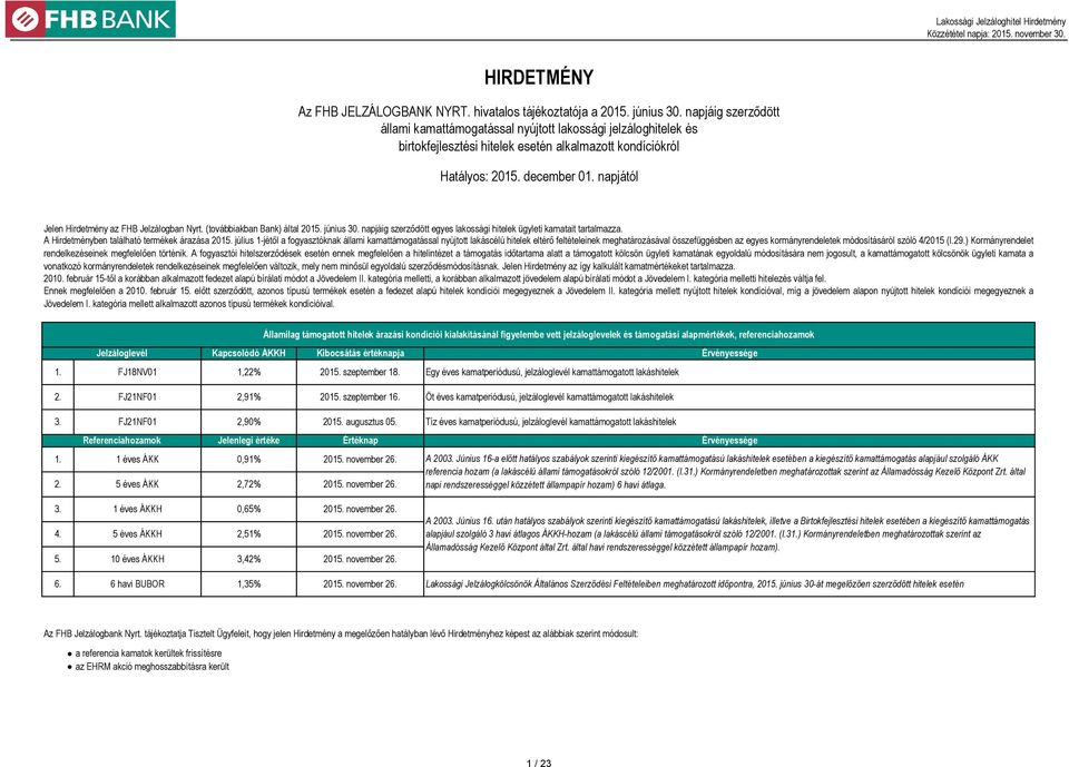 napjától Jelen Hirdetmény az FHB Jelzálogban Nyrt. (továbbiakban Bank) által 2015. június 30. napjáig szerződött egyes lakossági hitelek ügyleti kamatait tartalmazza.