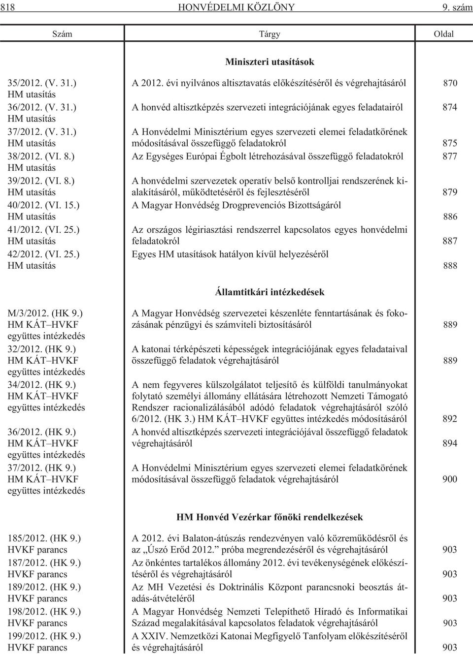 évi nyilvános altisztavatás elõkészítésérõl és végrehajtásáról 870 A honvéd altisztképzés szervezeti integrációjának egyes feladatairól 874 A Honvédelmi Minisztérium egyes szervezeti elemei