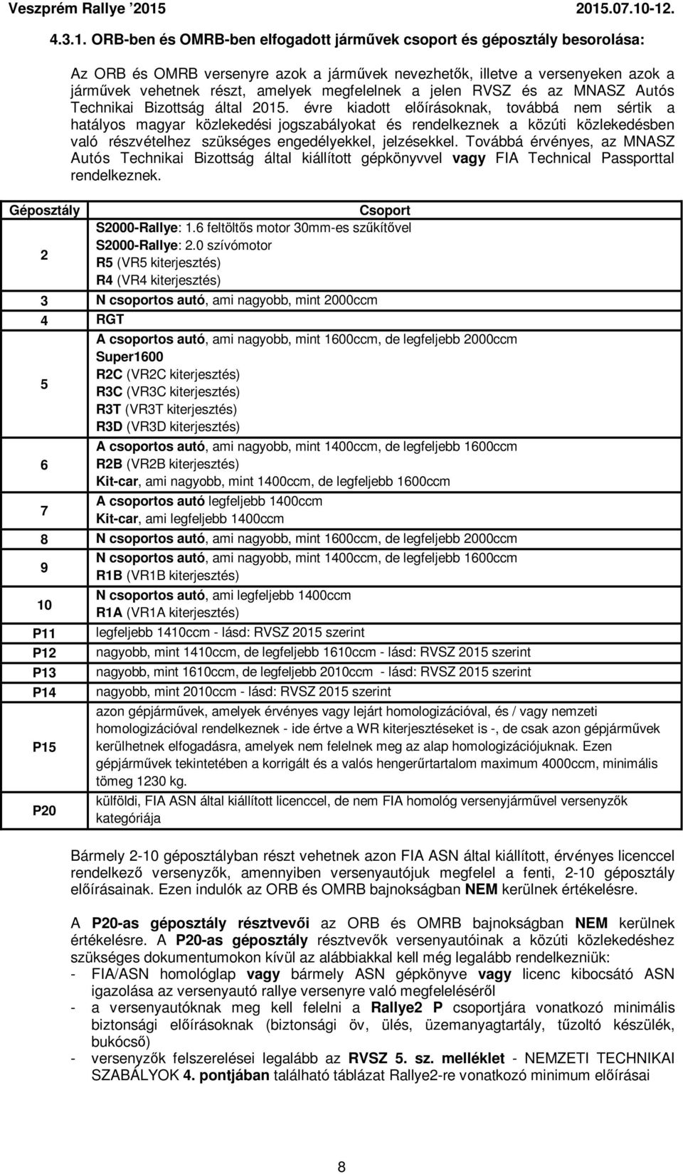megfelelnek a jelen RVSZ és az MNASZ Autós Technikai Bizottság által 2015.