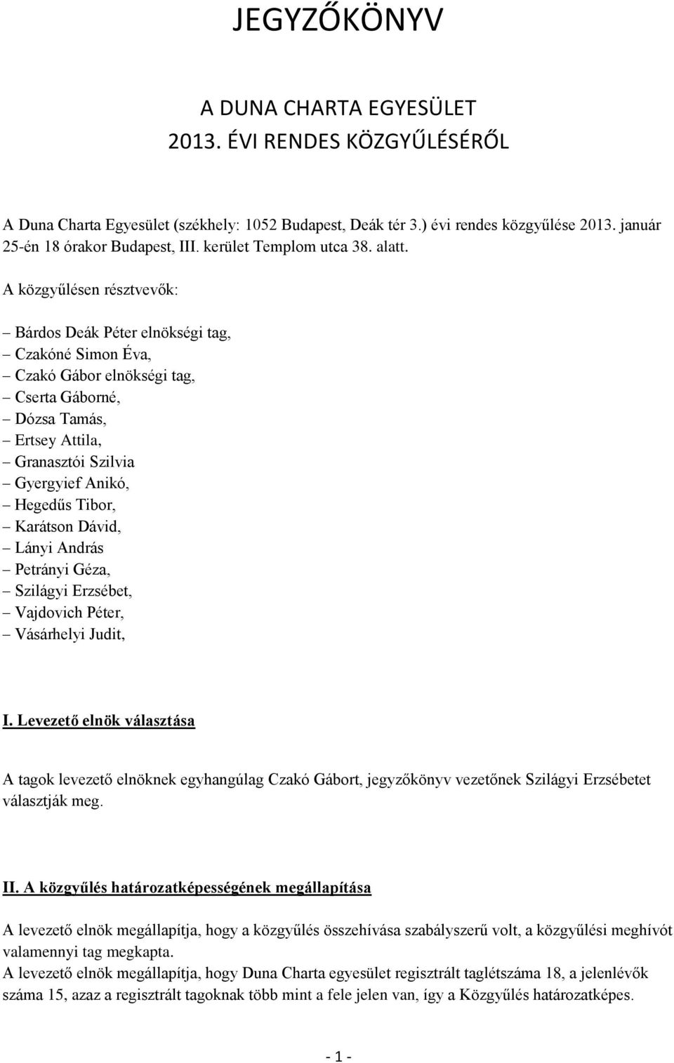 A közgyűlésen résztvevők: Bárdos Deák Péter elnökségi tag, Czakóné Simon Éva, Czakó Gábor elnökségi tag, Cserta Gáborné, Dózsa Tamás, Ertsey Attila, Granasztói Szilvia Gyergyief Anikó, Hegedűs Tibor,
