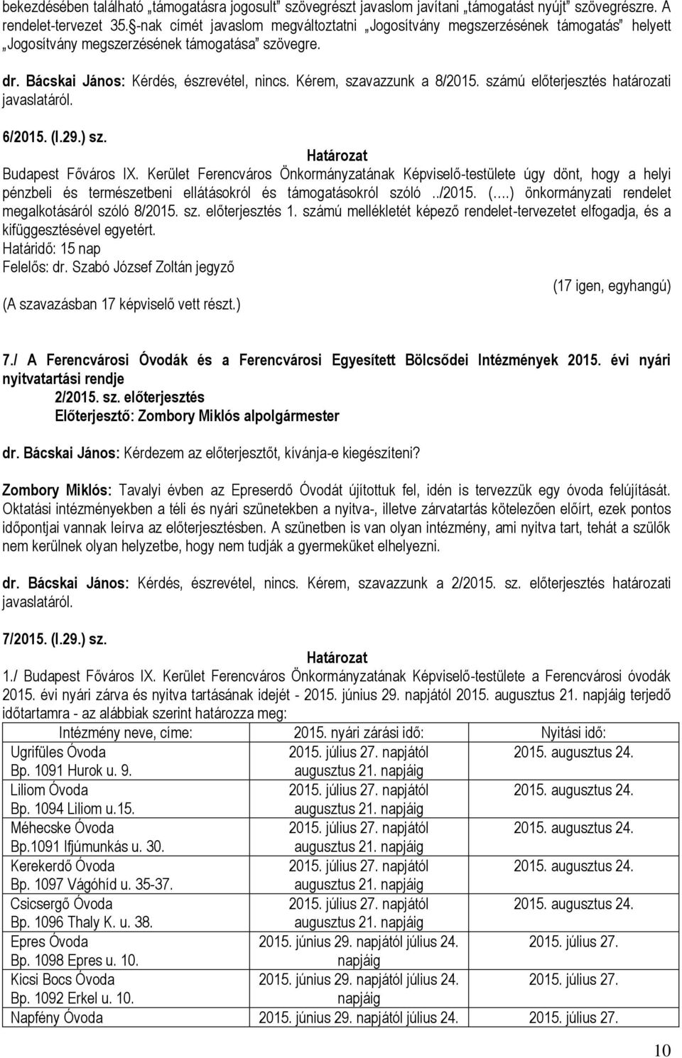 Kérem, szavazzunk a 8/2015. számú előterjesztés határozati 6/2015. (I.29.) sz. Budapest Főváros IX.