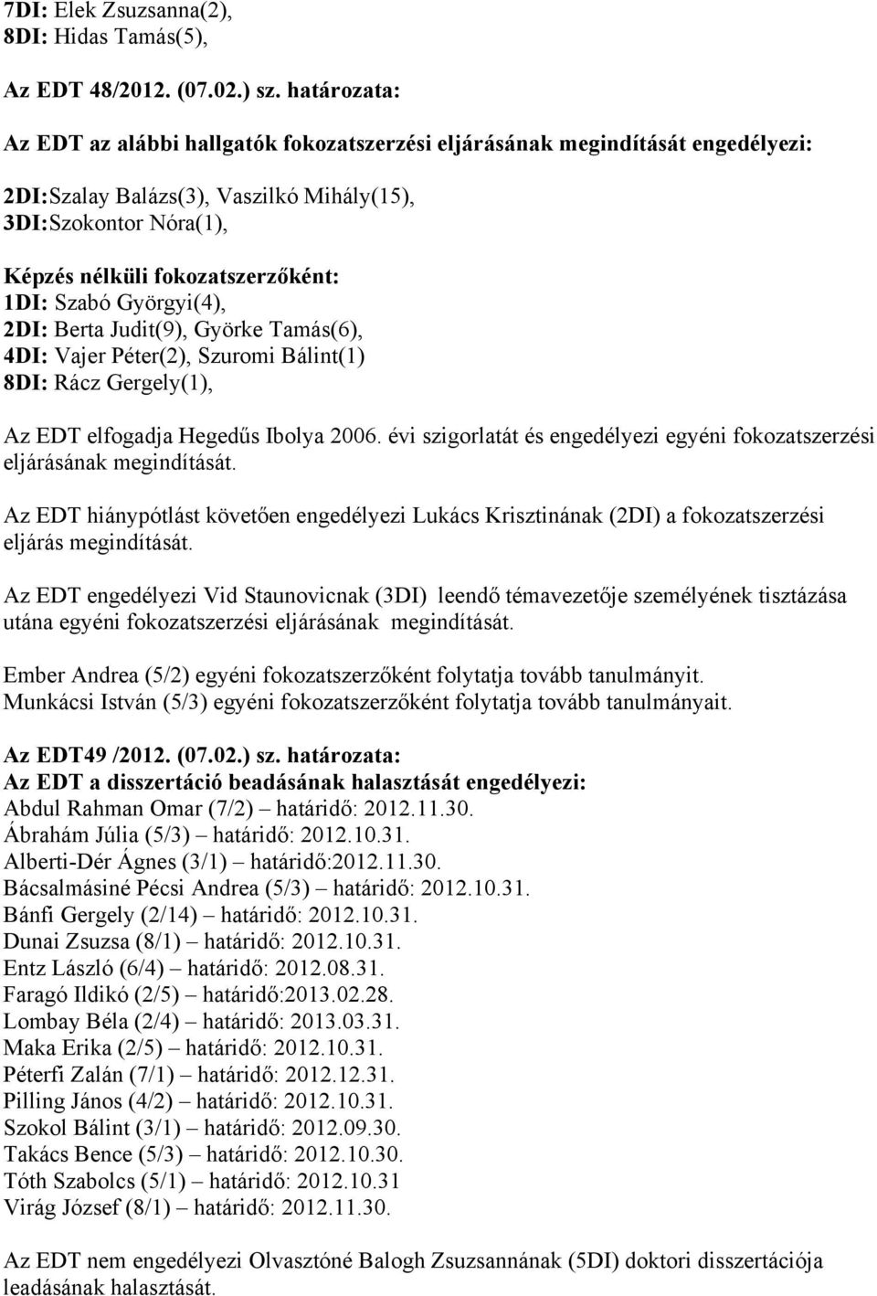 Szabó Györgyi(4), 2DI: Berta Judit(9), Györke Tamás(6), 4DI: Vajer Péter(2), Szuromi Bálint(1) 8DI: Rácz Gergely(1), Az EDT elfogadja Hegedűs Ibolya 2006.