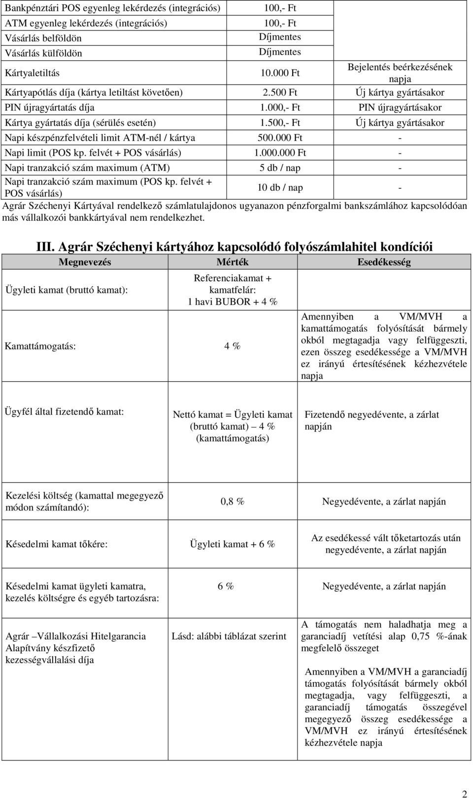 000,- Ft PIN újragyártásakor Kártya gyártatás díja (sérülés esetén) 1.500,- Ft Új kártya gyártásakor Napi készpénzfelvételi limit ATM-nél / kártya 500.000 Ft - Napi limit (POS kp.