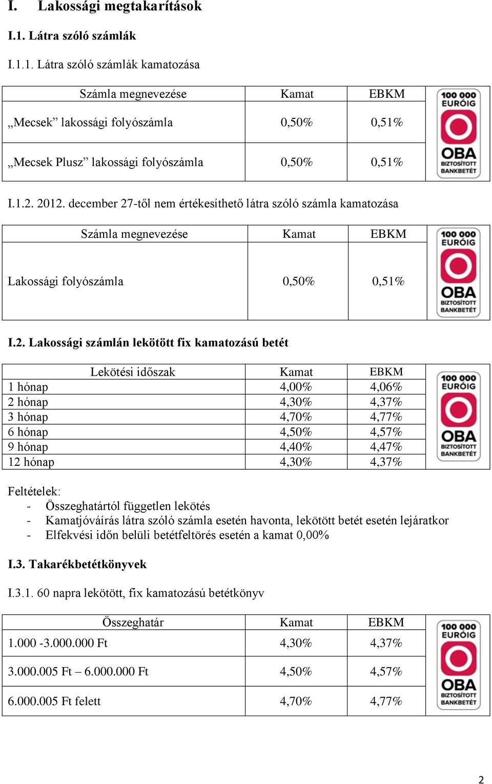 -től nem értékesíthető látra szóló számla kamatozása Lakossági folyószámla 0,50% 0,51% I.2.