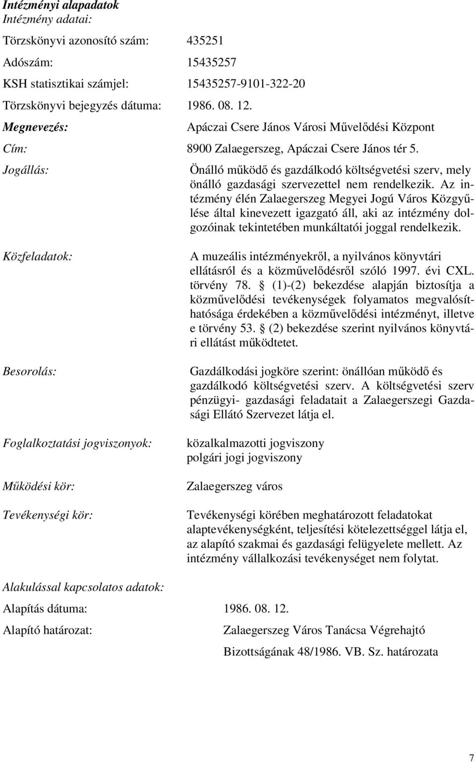 Jogállás: Önálló működő és gazdálkodó költségvetési szerv, mely önálló gazdasági szervezettel nem rendelkezik.