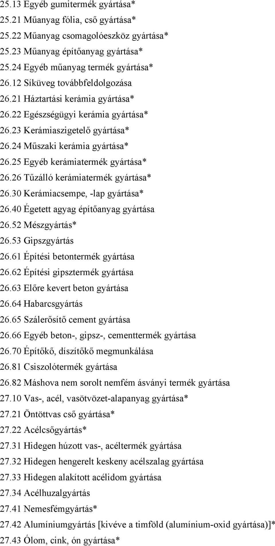 25 Egyéb kerámiatermék gyártása* 26.26 Tűzálló kerámiatermék gyártása* 26.30 Kerámiacsempe, -lap gyártása* 26.40 Égetett agyag építőanyag gyártása 26.52 Mészgyártás* 26.53 Gipszgyártás 26.