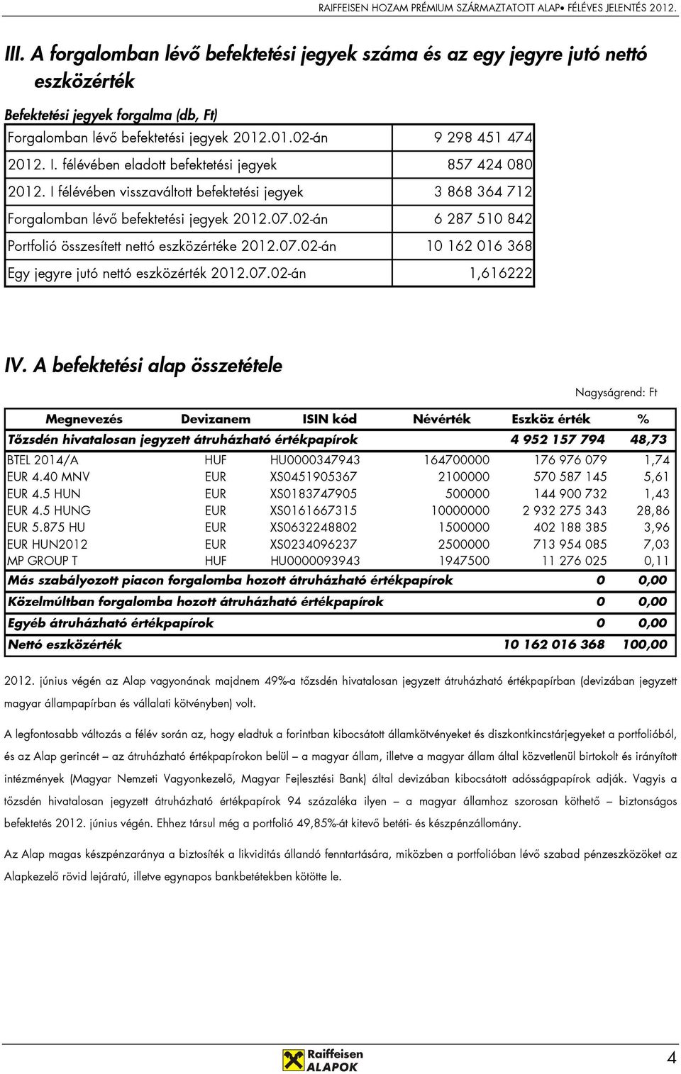 02-án 6 287 510 842 Portfolió összesített nettó eszközértéke 2012.07.02-án 10 162 016 368 Egy jegyre jutó nettó eszközérték 2012.07.02-án 1,616222 IV.