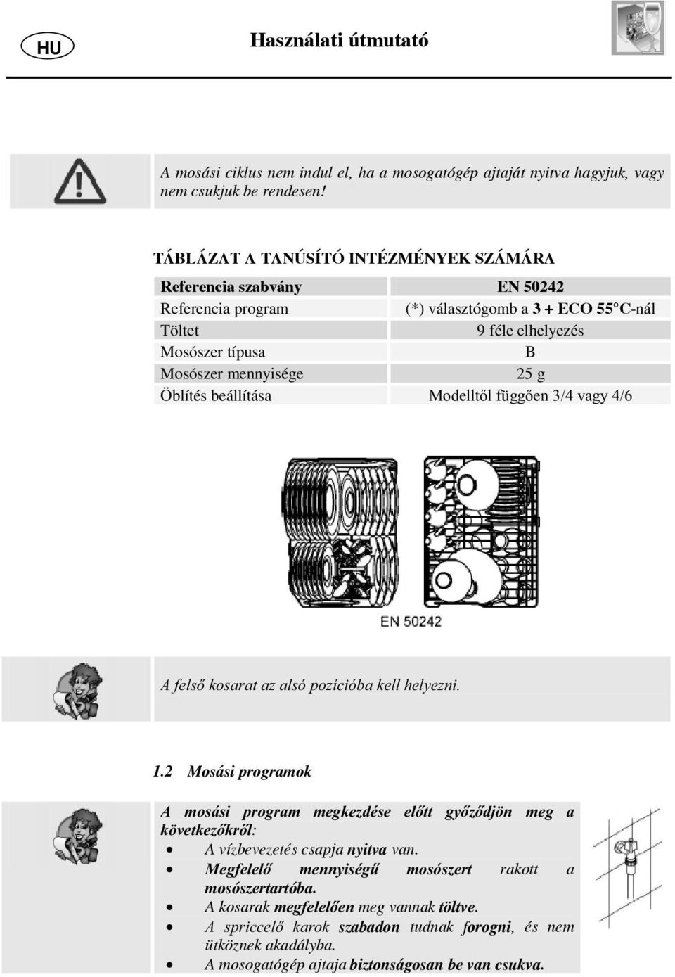 25 g Öblítés beállítása Modellt l függ en 3/4 vagy 4/6 A fels kosarat az alsó pozícióba kell helyezni. 1.