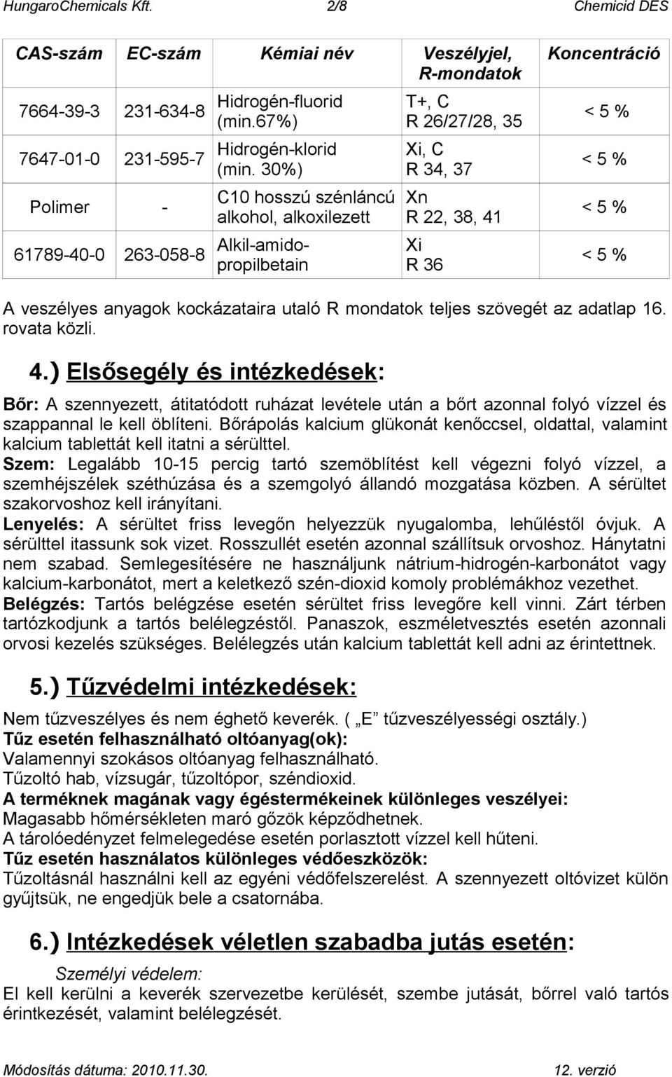 A veszélyes anyagok kockázataira utaló R mondatok teljes szövegét az adatlap 16. rovata közli. 4.