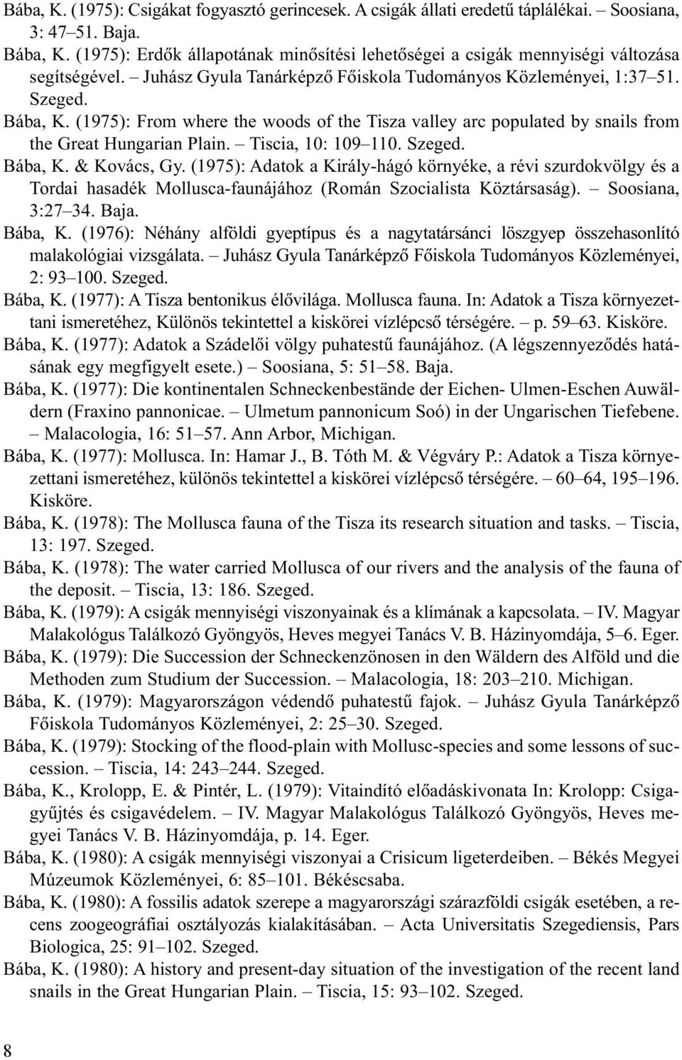 (1975): From where the woods of the Tisza valley arc populated by snails from the Great Hungarian Plain. Tiscia, 10: 109 110. Szeged. Bába, K. & Kovács, Gy.