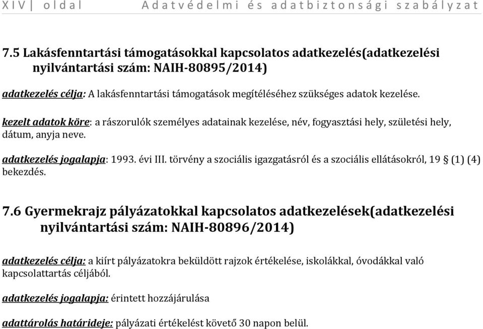 kezelt adatok köre: a rászorulók személyes adatainak kezelése, név, fogyasztási hely, születési hely, dátum, anyja neve. adatkezelés jogalapja: 1993. évi III.