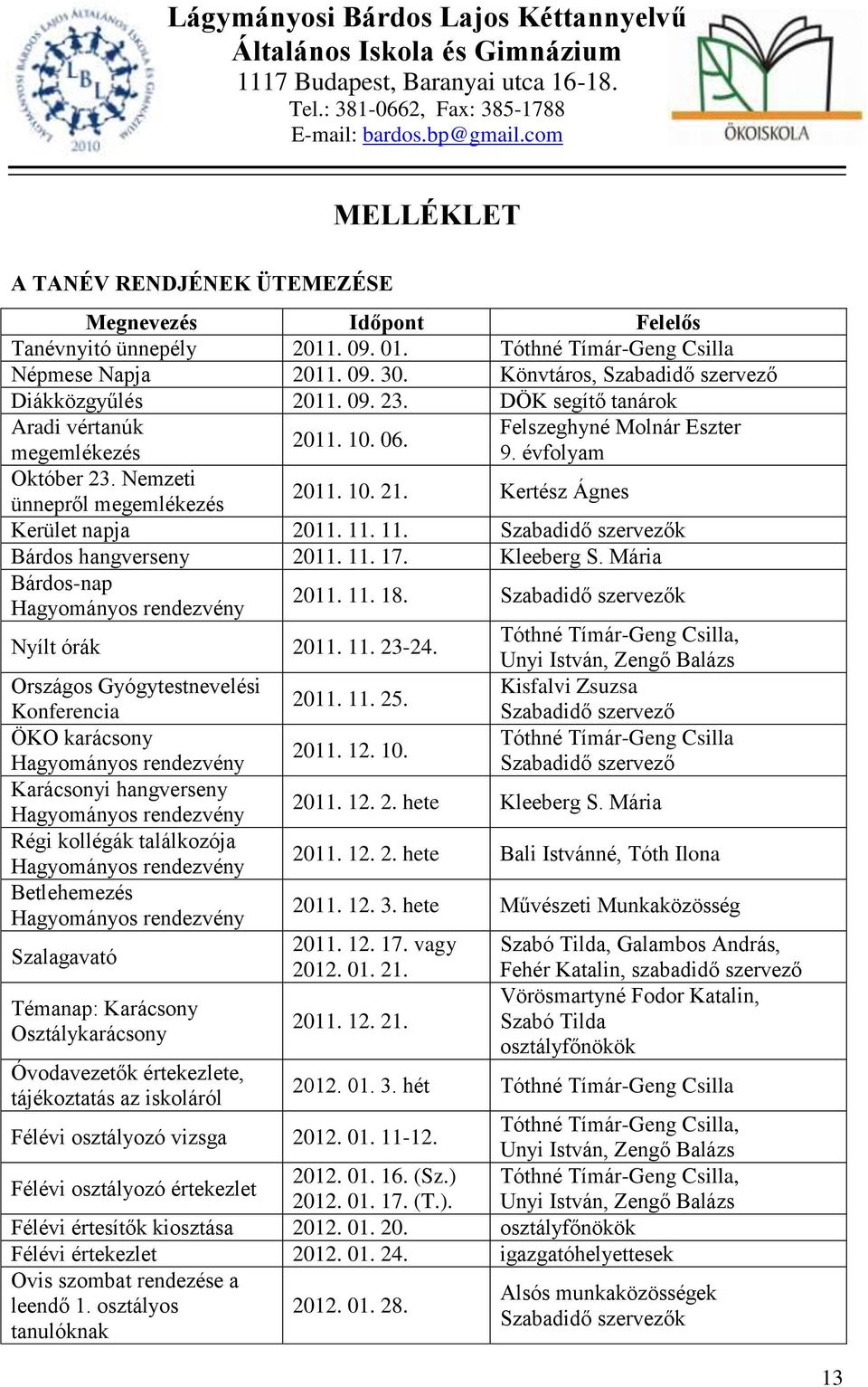 Kertész Ágnes ünnepről megemlékezés Kerület napja 2011. 11. 11. Szabadidő szervezők Bárdos hangverseny 2011. 11. 17. Kleeberg S. Mária Bárdos-nap Hagyományos rendezvény Nyílt órák 2011. 11. 23-24.