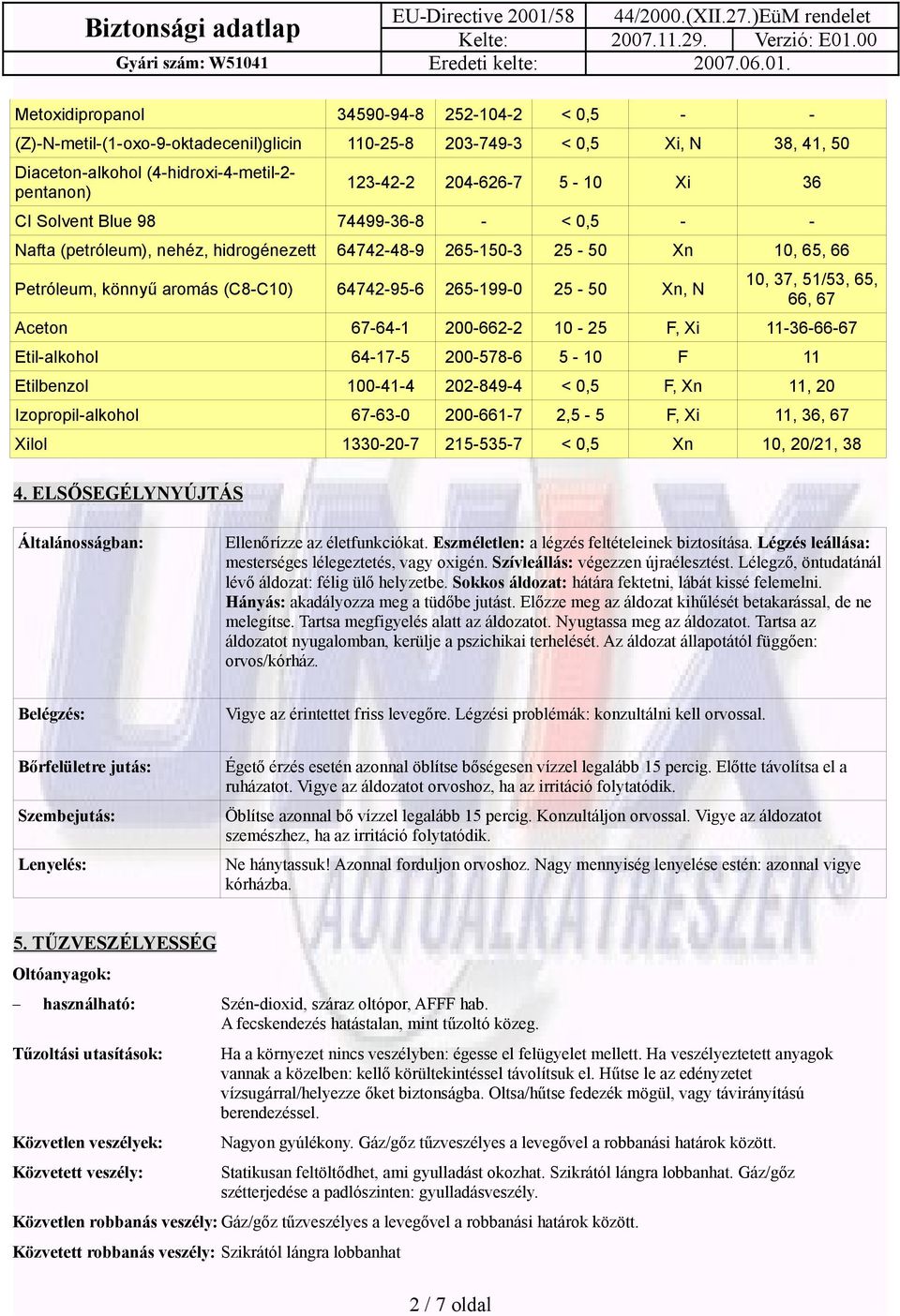 N 10, 37, 51/53, 65, 66, 67 Aceton 67-64-1 200-662-2 10-25 F, Xi 11-36-66-67 Etil-alkohol 64-17-5 200-578-6 5-10 F 11 Etilbenzol 100-41-4 202-849-4 < 0,5 F, Xn 11, 20 Izopropil-alkohol 67-63-0