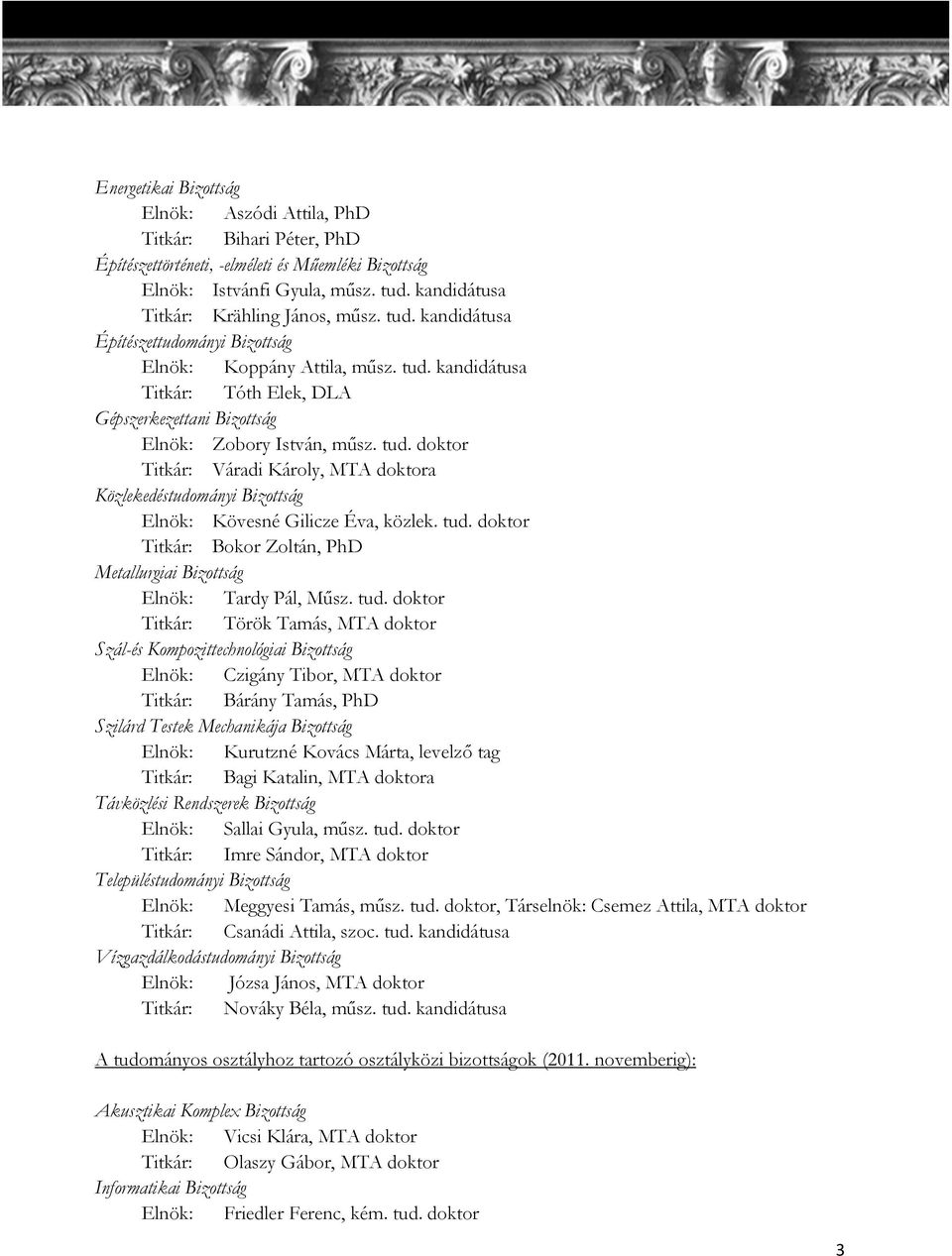 tud. doktor Titkár: Török Tamás, MTA doktor Szál-és Kompozittechnológiai Elnök: Czigány Tibor, MTA doktor Titkár: Bárány Tamás, Szilárd Testek Mechanikája Elnök: Kurutzné Kovács Márta, levelző tag