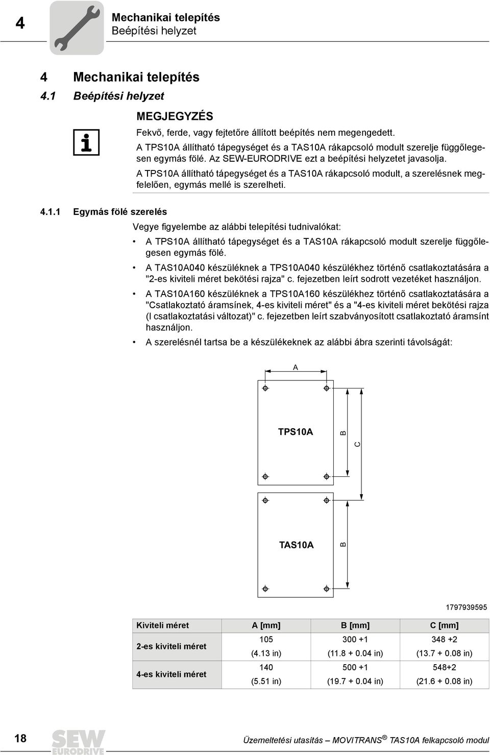 A TPS10A állítható tápegységet és a TAS10A rákapcsoló modult, a szerelésnek megfelelően, egymás mellé is szerelheti. 4.1.1 Egymás fölé szerelés Vegye figyelembe az alábbi telepítési tudnivalókat: A TPS10A állítható tápegységet és a TAS10A rákapcsoló modult szerelje függőlegesen egymás fölé.