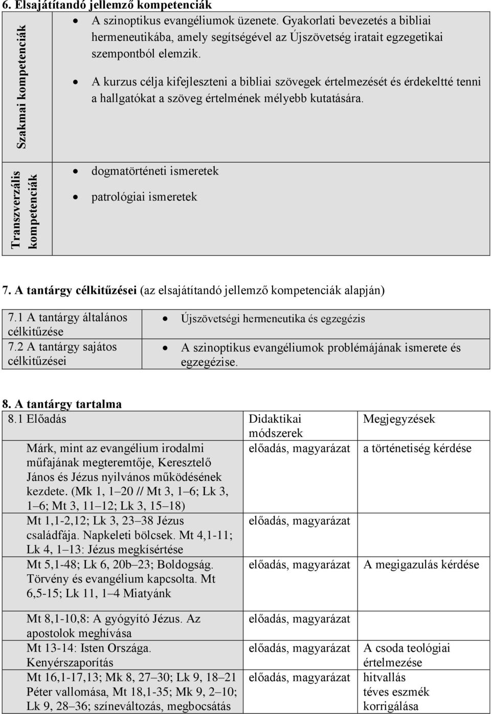 Transzverzális kompetenciák dogmatörténeti ismeretek patrológiai ismeretek 7. A tantárgy célkitűzései (az elsajátítandó jellemző kompetenciák alapján) 7.1 A tantárgy általános célkitűzése 7.