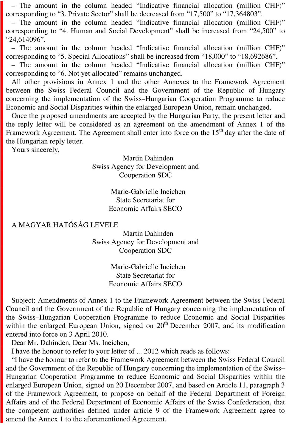 All other provisions in Annex 1 and the other Annexes to the Framework Agreement between the Swiss Federal Council and the Government of the Republic of Hungary concerning the implementation of the